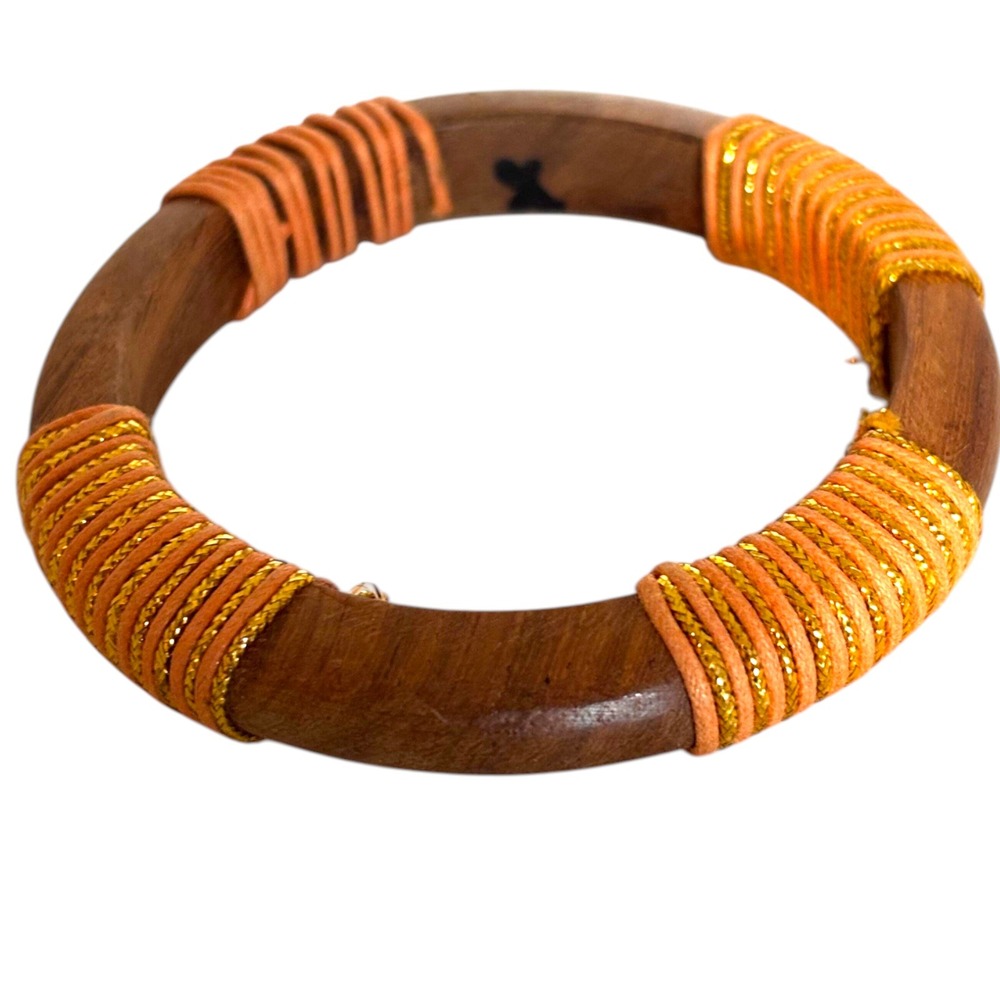 Boho Wood Bangle Bracelet Orange Gold Metallic Thread Wrapped Natural Wooden